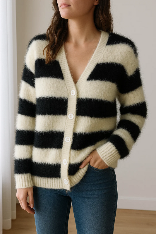 Women's Black & White Striped Wool Cardigan – Relaxed V-Neck Button-Front Knit Sweater
