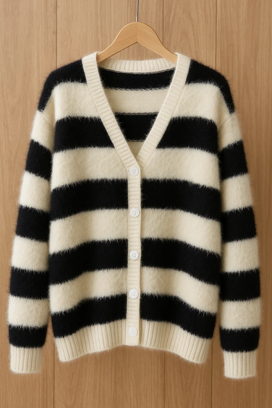 Women's Black & White Striped Wool Cardigan – Relaxed V-Neck Button-Front Knit Sweater