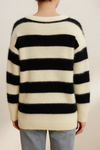 Women's Black & White Striped Wool Cardigan – Relaxed V-Neck Button-Front Knit Sweater