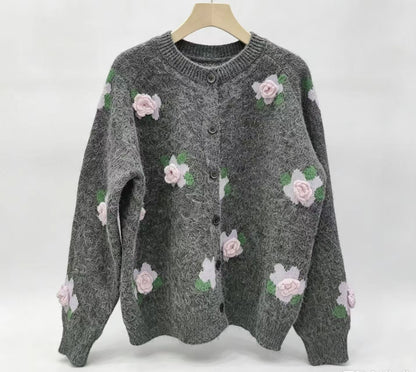 Women’s 3D Floral Wool Cardigan – Soft Relaxed-Fit Button-Up Sweater for Early Fall