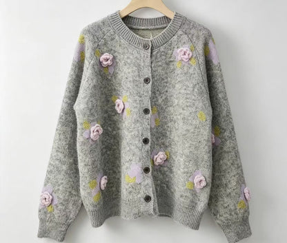 Women’s 3D Floral Wool Cardigan – Soft Relaxed-Fit Button-Up Sweater for Early Fall