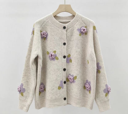 Women’s 3D Floral Wool Cardigan – Soft Relaxed-Fit Button-Up Sweater for Early Fall