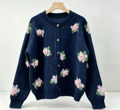 Women’s 3D Floral Wool Cardigan – Soft Relaxed-Fit Button-Up Sweater for Early Fall