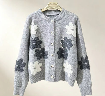 Women’s 3D Floral Wool Cardigan – Pearl-Embellished Button-Front Sweater for Early Fall