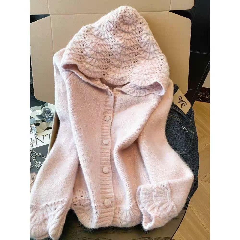 Women's Fluffy Knit Jacket – Scallop Hem Pearl Button Short Coat