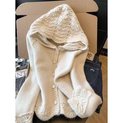 Women's Fluffy Knit Jacket – Scallop Hem Pearl Button Short Coat