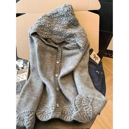 Women's Fluffy Knit Jacket – Scallop Hem Pearl Button Short Coat