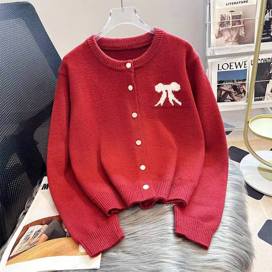 Women's Bow Knit Cardigan – Pearl Button Round Neck Sweater