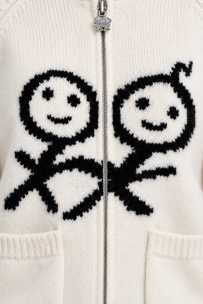 Women's Zip-Up Wool Cardigan – Smiley Graphic Knit Sweater with Pockets