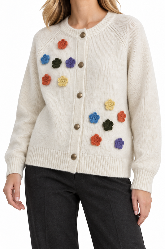 Women's Floral Wool Cardigan – Colorful Flower Round Neck Sweater