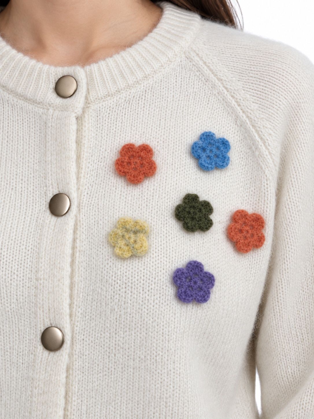 Women's Floral Wool Cardigan – Colorful Flower Round Neck Sweater