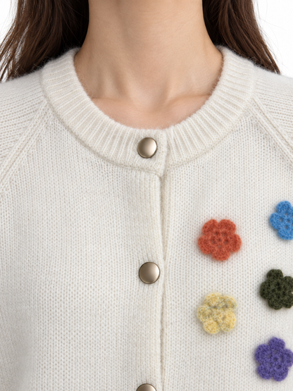 Women's Floral Wool Cardigan – Colorful Flower Round Neck Sweater