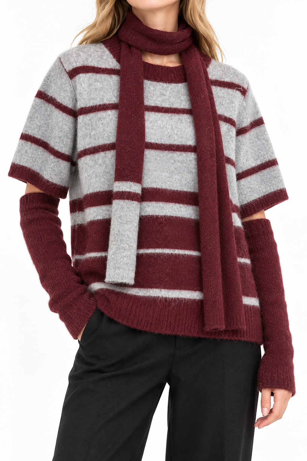 Women's Striped Wool Sweater Set – Knit Top, Scarf & Arm Warmers