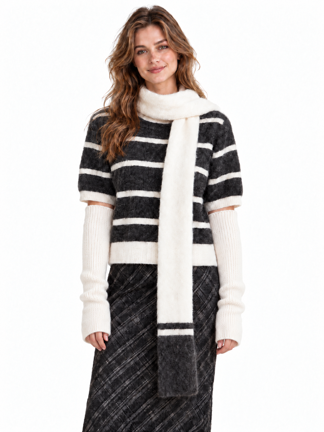 Women's Striped Wool Sweater Set – Knit Top, Scarf & Arm Warmers