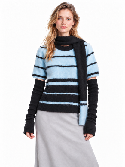 Women's Striped Wool Sweater Set – Knit Top, Scarf & Arm Warmers