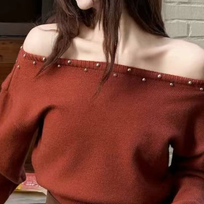 Women's Off-Shoulder Wool Sweater Dress – Studded Long Sleeve Knit Mini Dress