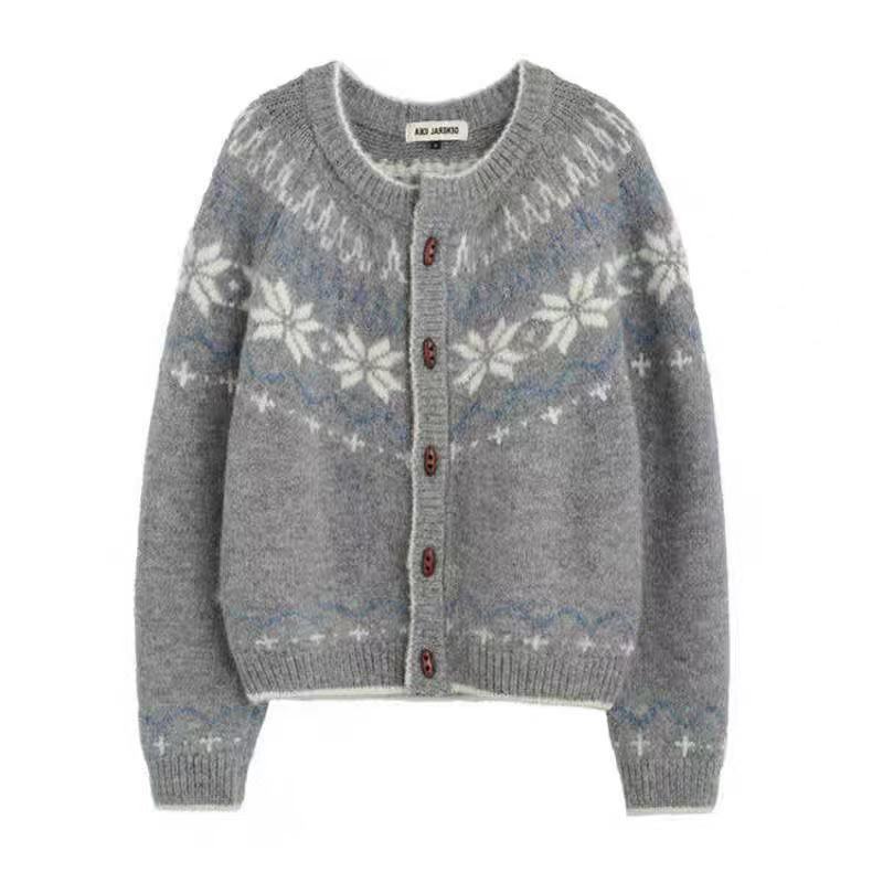 Women’s Nordic Fair Isle Wool Cardigan – Snowflake Button-Front Sweater for Early Fall