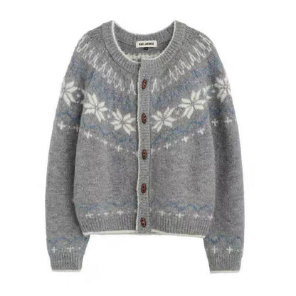 Women’s Nordic Fair Isle Wool Cardigan – Snowflake Button-Front Sweater for Early Fall