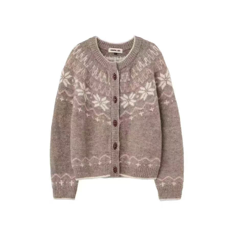 Women’s Nordic Fair Isle Wool Cardigan – Snowflake Button-Front Sweater for Early Fall