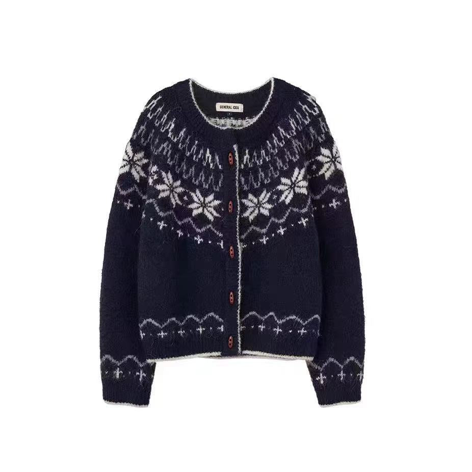 Women’s Nordic Fair Isle Wool Cardigan – Snowflake Button-Front Sweater for Early Fall
