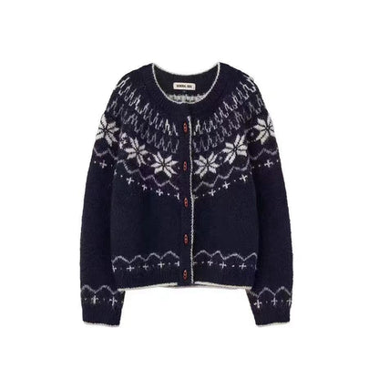Women’s Nordic Fair Isle Wool Cardigan – Snowflake Button-Front Sweater for Early Fall