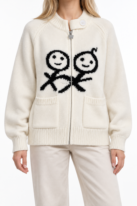 Women's Zip-Up Wool Cardigan – Smiley Graphic Knit Sweater with Pockets