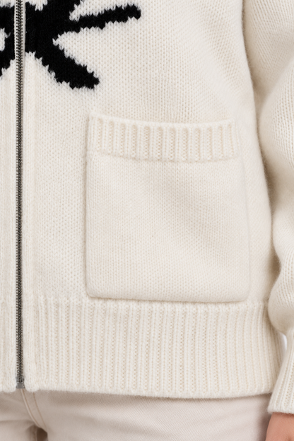 Women's Zip-Up Wool Cardigan – Smiley Graphic Knit Sweater with Pockets