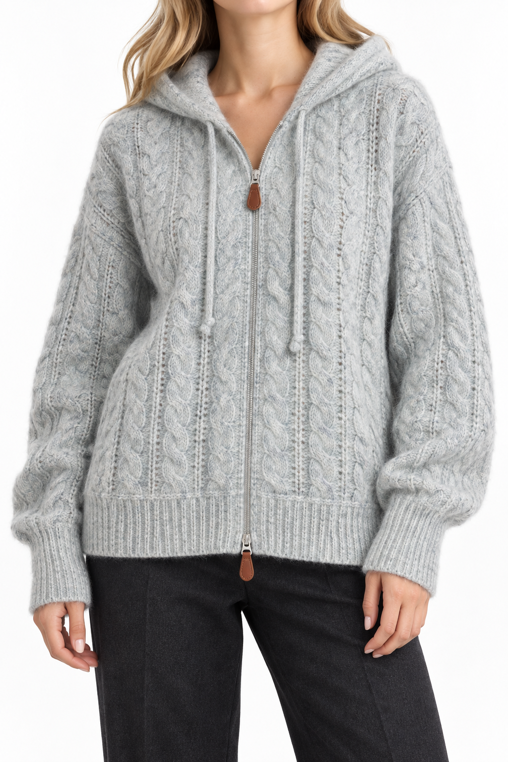 Women's Cable Knit Wool Hoodie – Zip-Up Hooded Cardigan