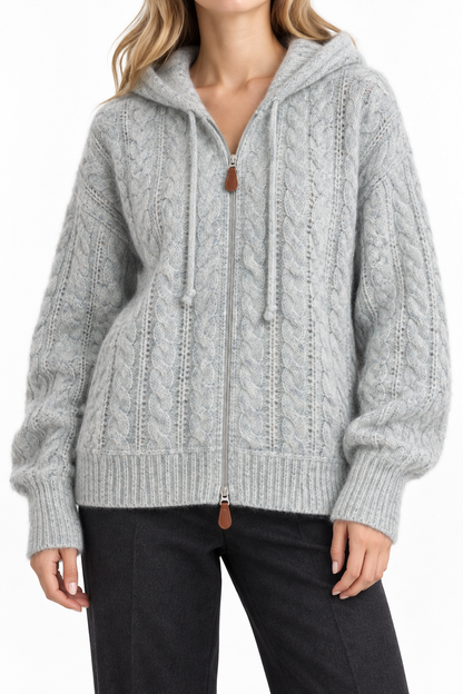 Women's Cable Knit Wool Hoodie – Zip-Up Hooded Cardigan