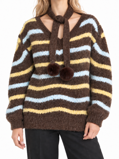 Women's Striped Wool Sweater – Collared Button-Neck Knit Pullover