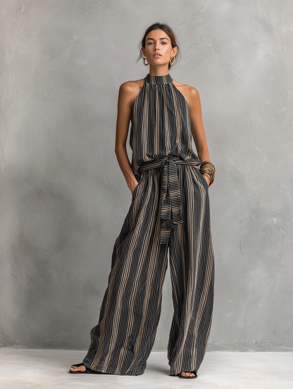 Women's Elegant Striped Printed Woven Round Neck Sleeveless Top Paired With Trousers Set