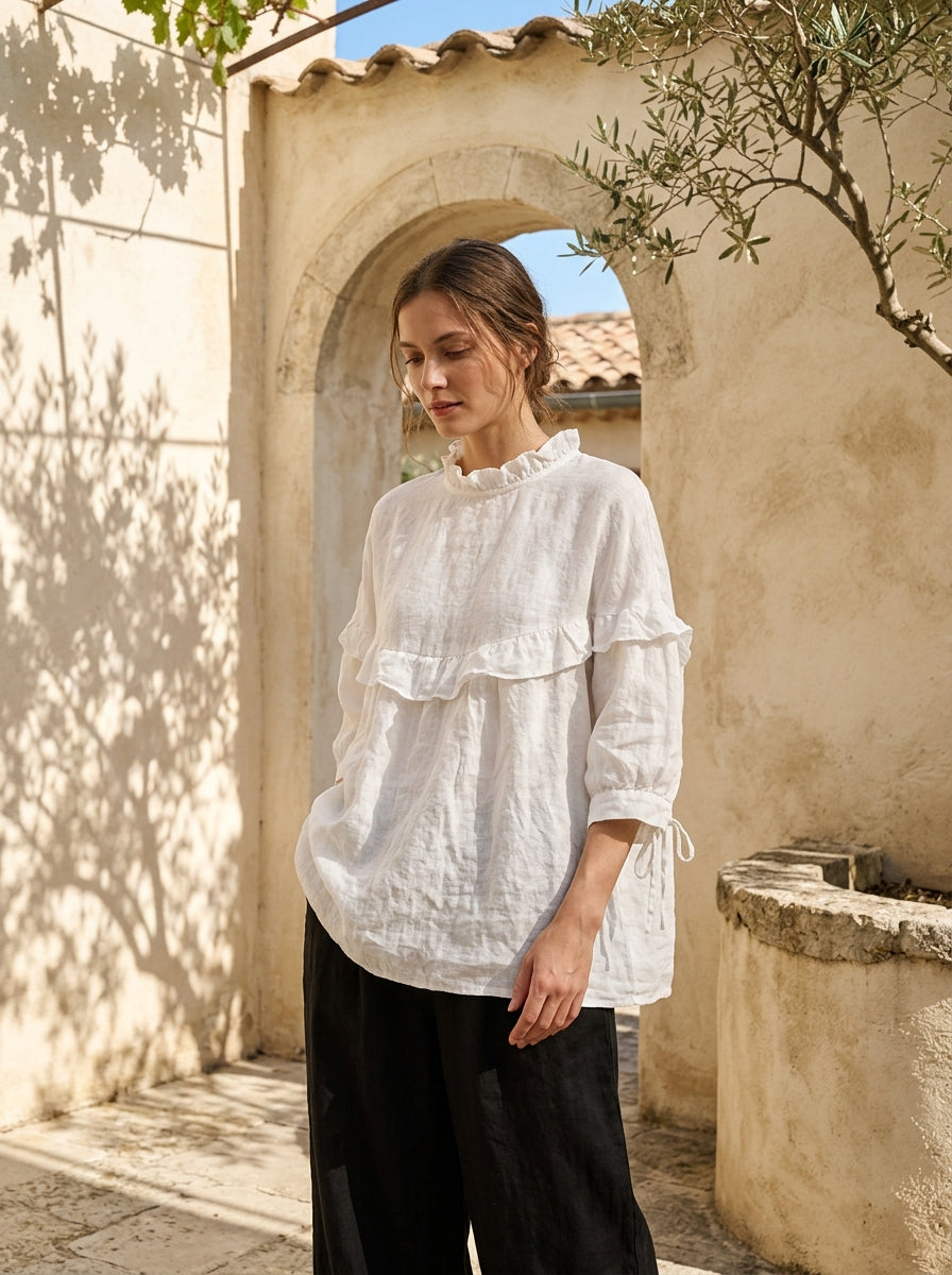 Plus Size White Ruffled Oversized Cotton Blouses Half Sleeve