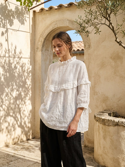 Plus Size White Ruffled Oversized Cotton Blouses Half Sleeve