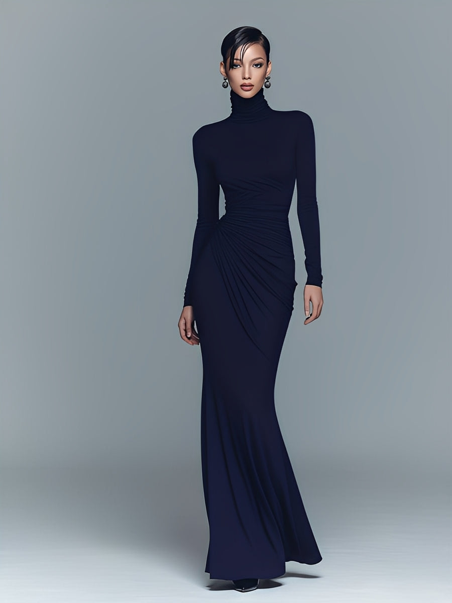 Women's Navy Elegant Stretch Polyester-Cotton Blend Turtleneck Draped Maxi Dress
