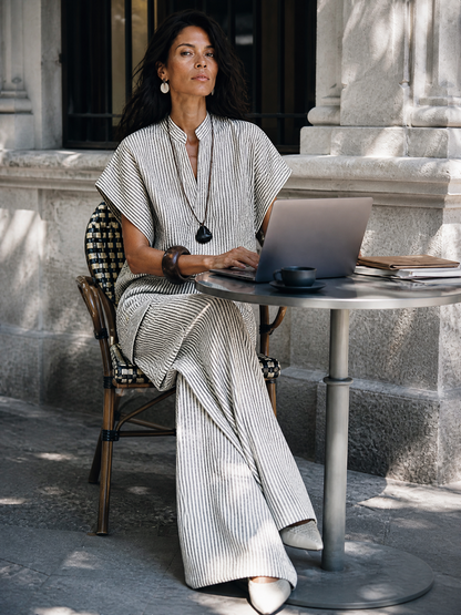 Women's Casual Vacation Gray White Cotton Blend Striped Wrap Top Cargo Pocket Wide-Leg Pants Set