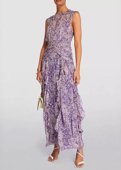 Original Purple Ruffled Print Chiffon Dresses Sleeveless