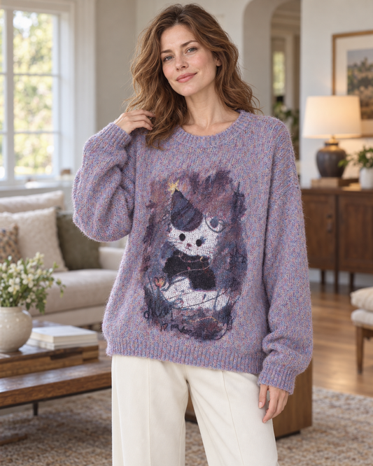 Women's Cat Graphic Wool Sweater – Relaxed Crewneck Knit Pullover