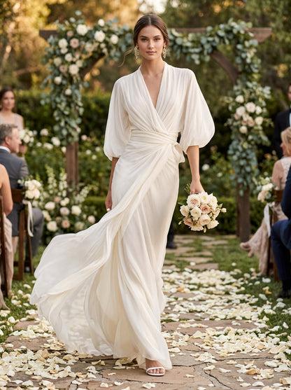 Fine White V Neck Chiffon Maxi Dresses Lantern Sleeve