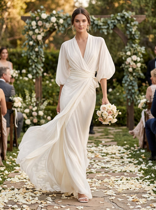 Fine White V Neck Chiffon Maxi Dresses Lantern Sleeve