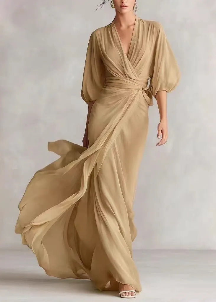 Fine White V Neck Chiffon Maxi Dresses Lantern Sleeve
