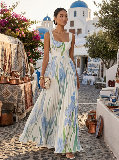 Style White Square Collar Print Patchwork Chiffon Dresses Summer