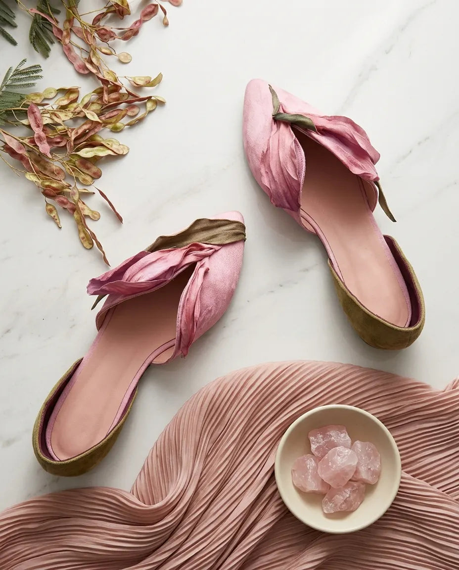 Handmade Pink Satins Flower Pointed Toe Flat Shoes