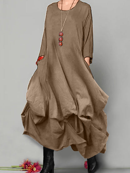 Solid Round Neck Slouchy Asymmetrical Hem Midi Dress