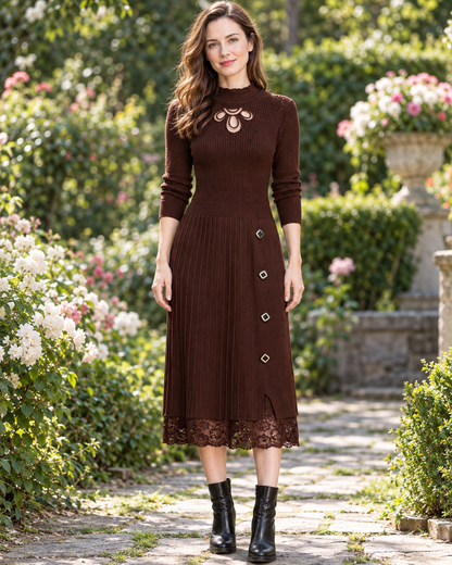 Women's Ribbed Wool Sweater Dress – Cutout Neck Lace Hem Midi Dress