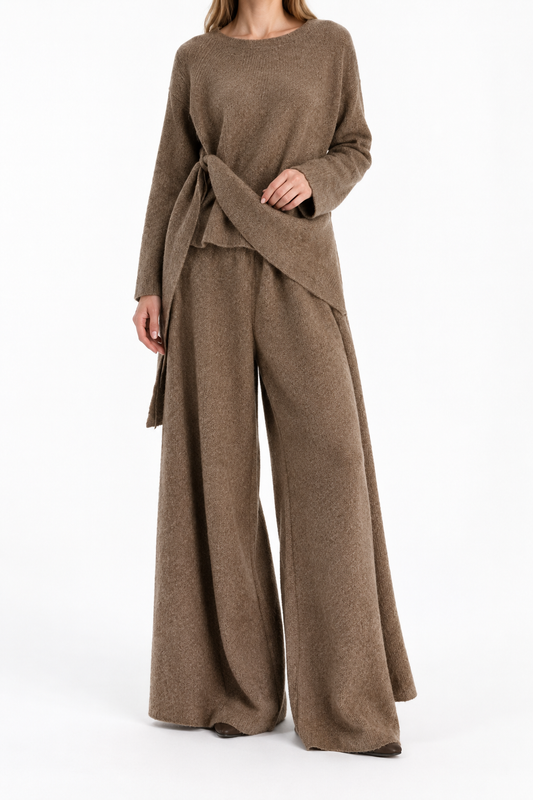 Women's Knit Two-Piece Set – Long Sleeve Top & Wide-Leg Pants Lounge Outfit