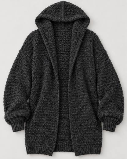 Women's Hooded Wool Cardigan – Longline Open-Front Knit Sweater