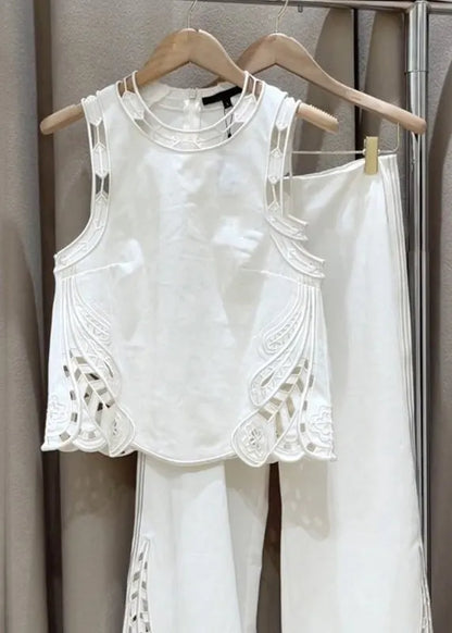 New White Zippered Hollow Out Solid Cotton Two Pieces Set Sleeveless