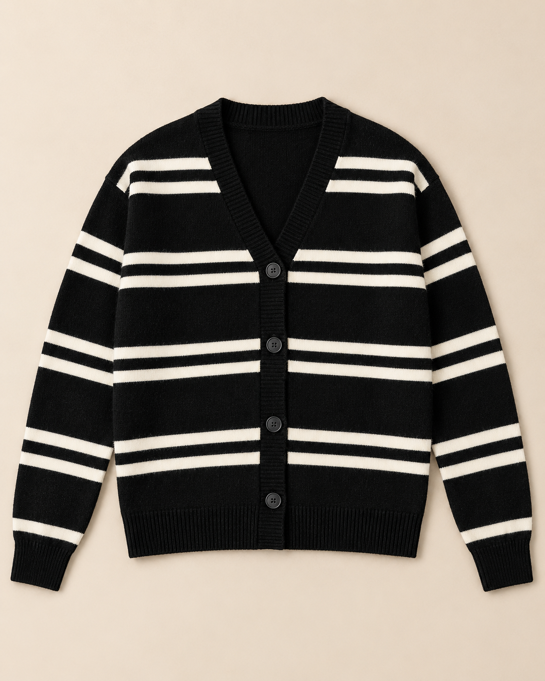 Women's Black and White Striped Cardigan – V-Neck Button-Up Knit Sweater