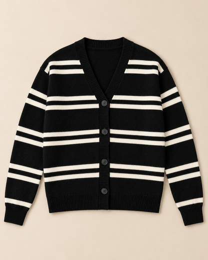 Women's Black and White Striped Cardigan – V-Neck Button-Up Knit Sweater
