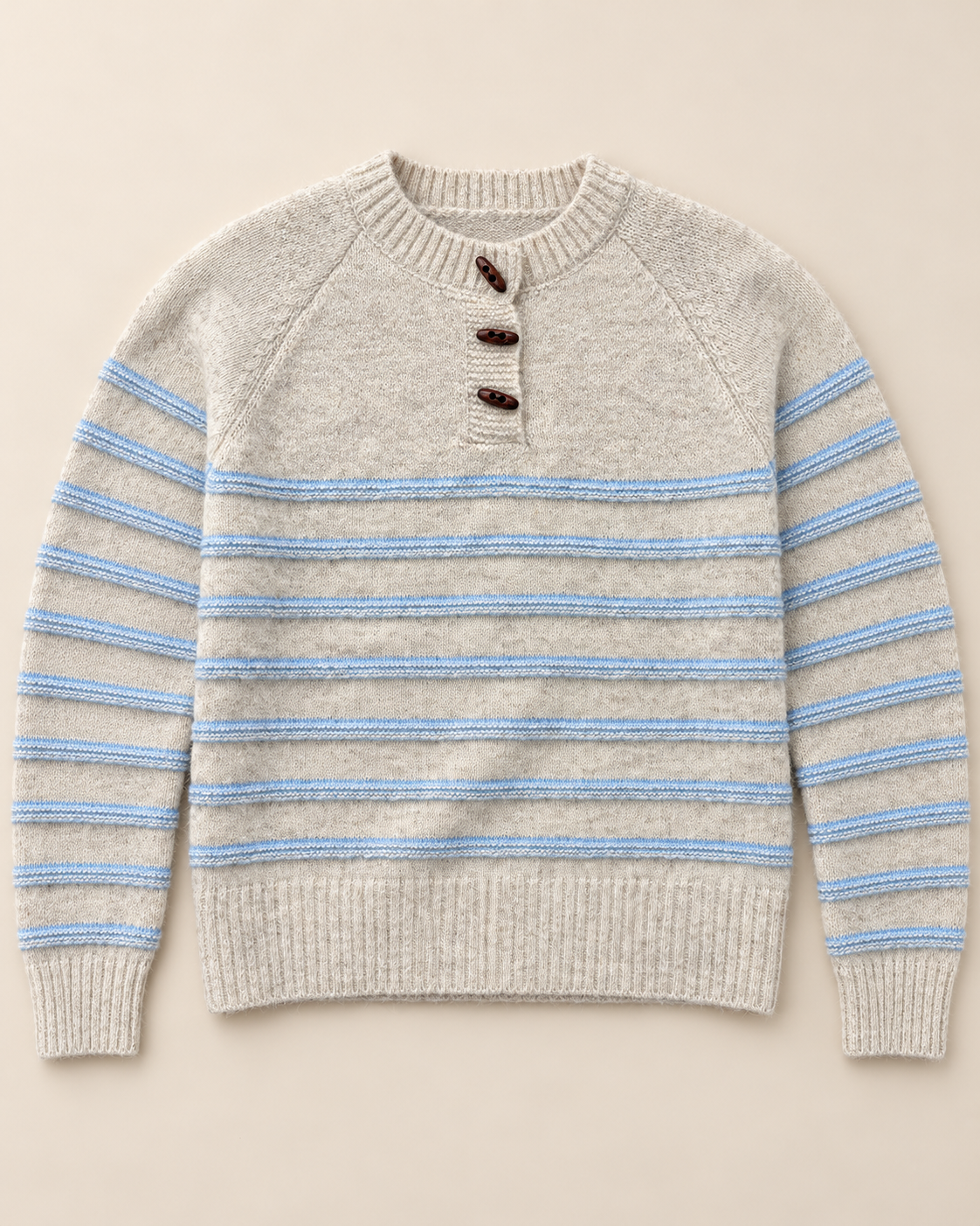 Women's Striped Wool Sweater – Henley Button-Neck Knit Pullover